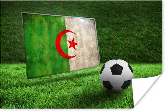 Drapeau de l'Algérie à côté d'un football sur gazon Poster papier 180x120  cm - Tirage