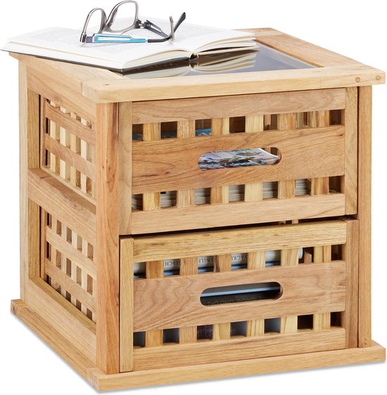 Relaxdays bijzettafel notenhout - nachtkastje hout - 34 x 34 x 34 - 2 lades - tafeltje