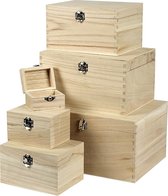 Set houten dozen, H: 5+7+9+11+13+15 cm, L: 8+11,8+15,8+20+24+27,7 cm, B: 5,8+8,8+12+15+18+21 cm, 6 stuk/ 1 set