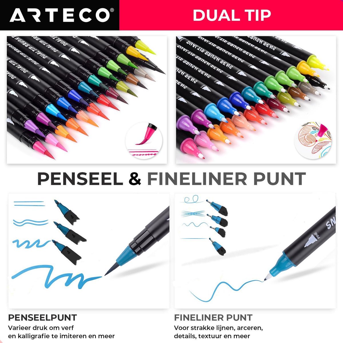 ARTECO® 24 Penseelstiften + 2 Water Brush Pennen Set - Inclusief Aquarel Papier en Sjablonen - Brushlettering – Penseelpen - Cadeau — afbeelding 2