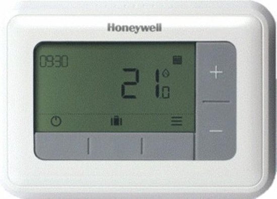 Honeywell T4 aan/uit klokthermostaat met digitaal display dat 09:30 en 21.0 graden aangeeft.