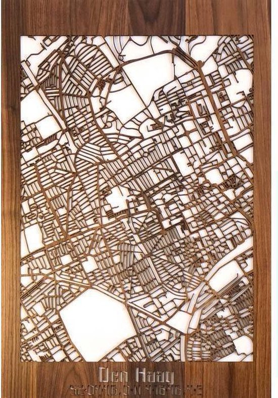 Citymap Den Haag Notenhout - 60x90 cm - Stadskaart woondecoratie - Wanddecoratie - WoodWideCities