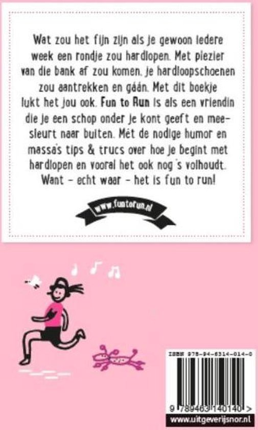 Achterkant boek "Fun to Run" met illustratie van rennende vrouw en tekst, ISBN en website.