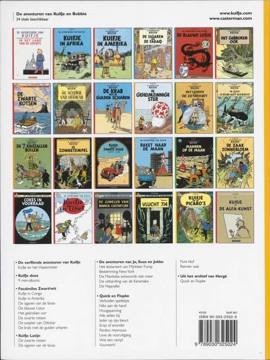Achterkant album met een raster van 24 Kuifje-albums. Titels en illustraties van de albums zijn zichtbaar.