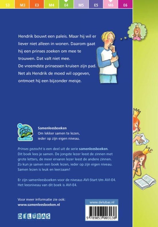 Achterkant boek 'Prinses gezocht' met illustraties en tekst over het verhaal.