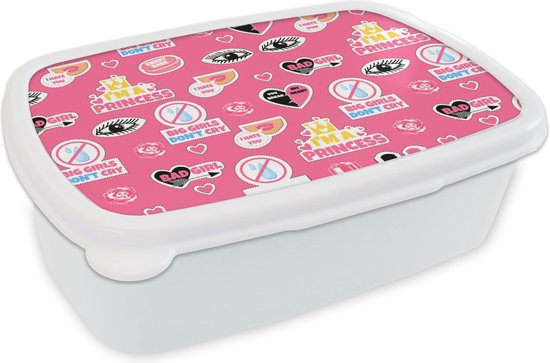 Broodtrommel Wit - Lunchbox - Brooddoos - Meisjes - Roze - Prinses - Patroon - 18x12x6 cm - Volwassenen