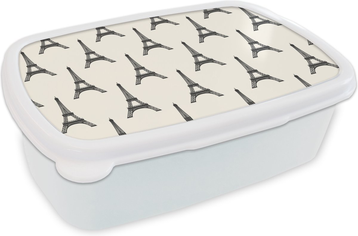 Broodtrommel Wit - Lunchbox - Brooddoos - Eiffeltoren - Parijs - Patronen - 18x12x6 cm - Volwassenen