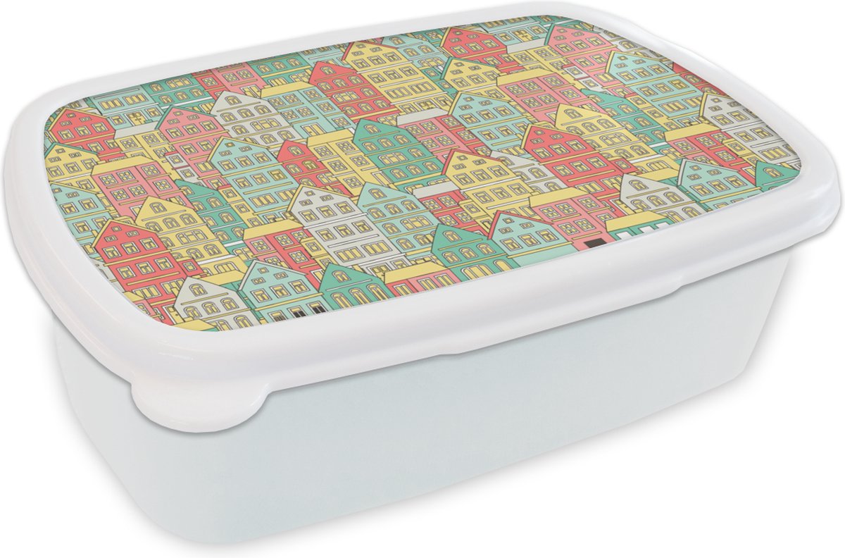 Broodtrommel Wit - Lunchbox - Brooddoos - Huis - Patronen - Pastel - 18x12x6 cm - Volwassenen