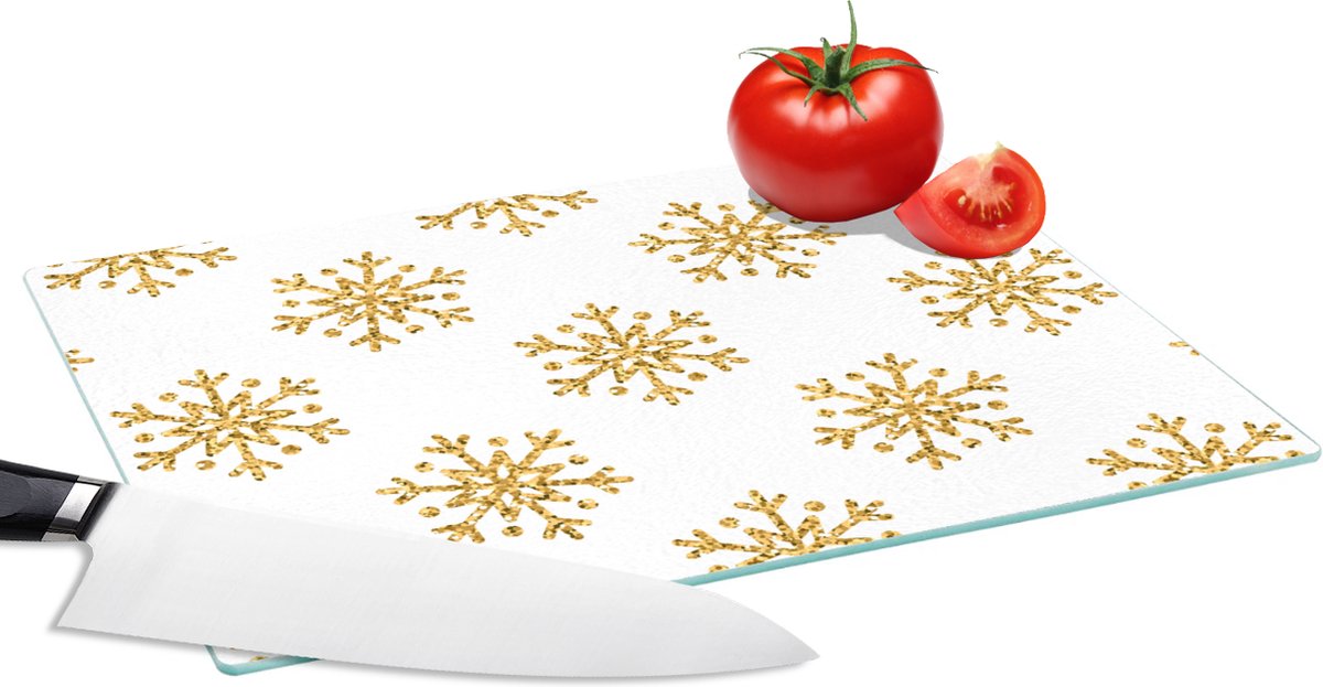 Glazen Snijplank - 28x20 - Sneeuwvlok - Gold - Glitter - Kerstmis - Design - Snijplanken Glas