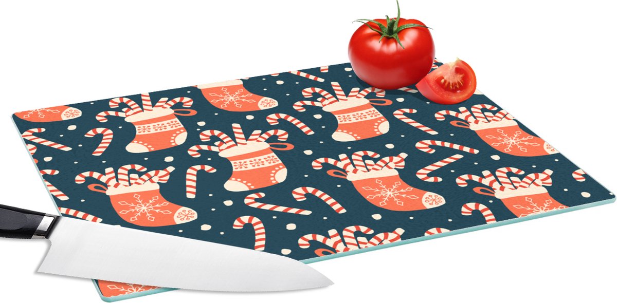 Glazen Snijplank - 39x28 - Sokken - Snoep - Kerst - Patronen - Snijplanken Glas
