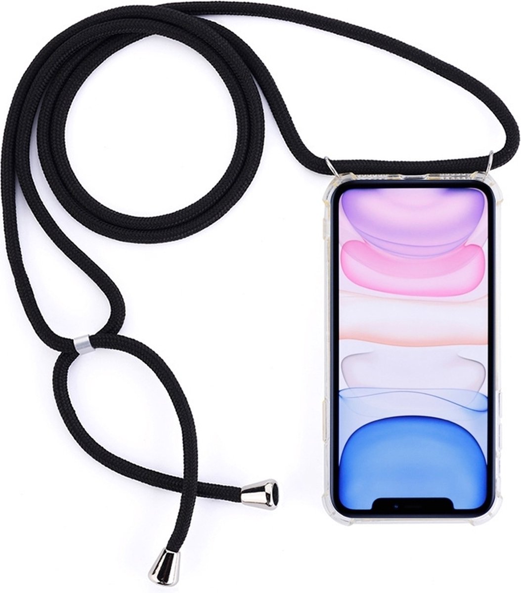 Mobigear Telefoonhoesje geschikt voor Apple iPhone 11 Flexibel TPU | Mobigear Lanyard Hoesje met koord - Transparant / Zwart