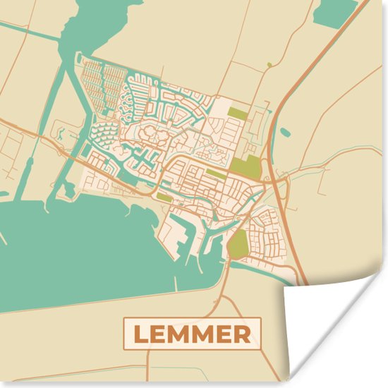 Poster Lemmer Vintage Kaart Stadskaart Plattegrond 100x100 cm XXL