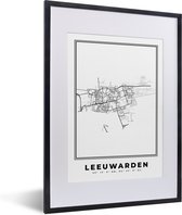 Fotolijst incl. Poster Zwart Wit- Kaart – Plattegrond – Stadskaart – Leeuwarden – Nederland – Zwart Wit - 30x40 cm - Posterlijst