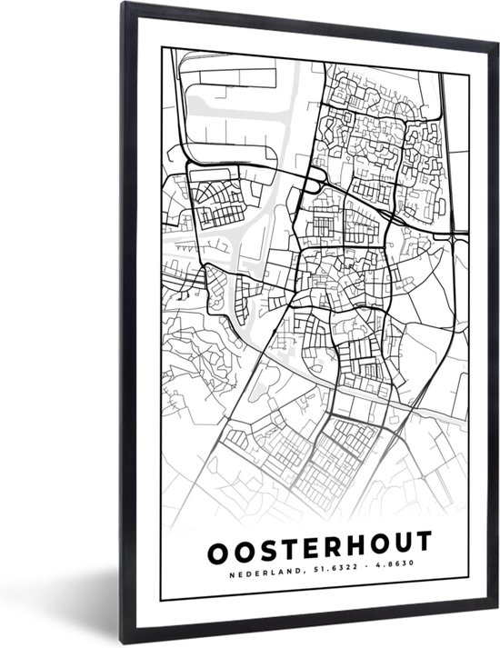 Fotolijst incl. Poster Zwart Wit- Oosterhout - Zwart Wit - Kaart - Stadskaart - Plattegrond - 20x30 cm - Posterlijst