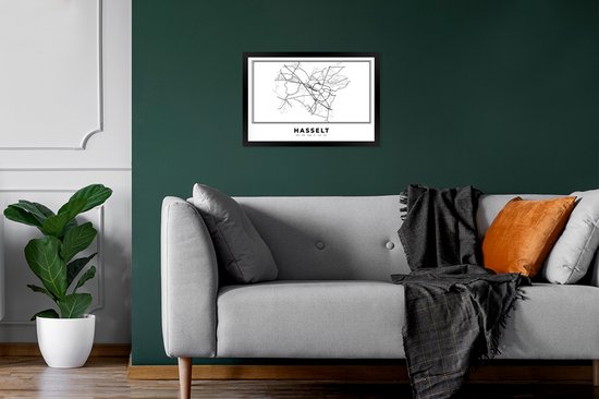 Cadre photo avec affiche Zwart Wit- België - Hasselt - Plan de la ville - Carte - Zwart Wit - Carte - 30x20 cm - Cadre pour affiche