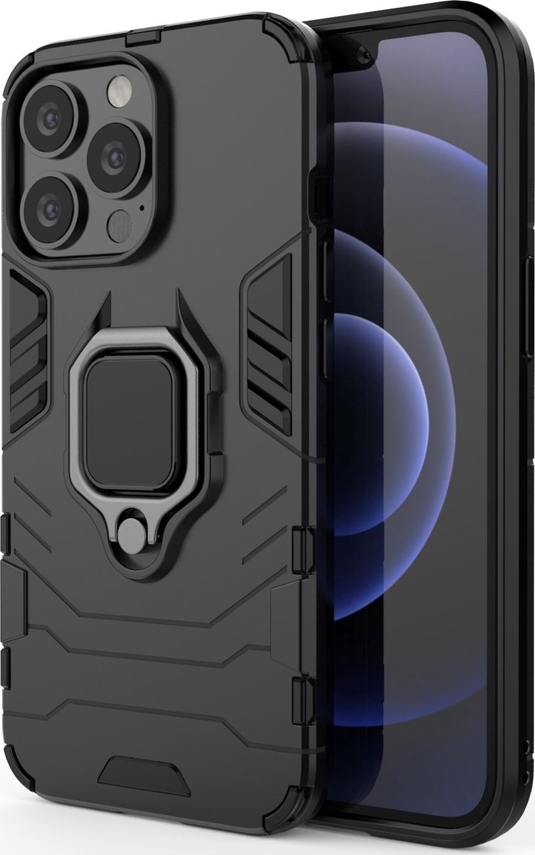 Mobigear Hoesje geschikt voor Apple iPhone 13 Pro Telefoonhoesje Hardcase | Mobigear Armor Ring Backcover Shockproof met Ringhouder | Schokbestendig iPhone 13 Pro Telefoonhoesje | Anti Shock Proof - Zwart