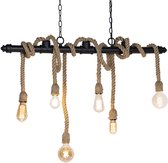 Zes-lichts hanglamp met zwarte buis en omzwachteld touw, verschillende gloeilampen.
