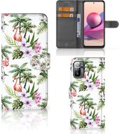 Telefoonhoesje Xiaomi Redmi Note 10/10T 5G | Poco M3 Pro Flip Hoesje met naam Flamingo Palms