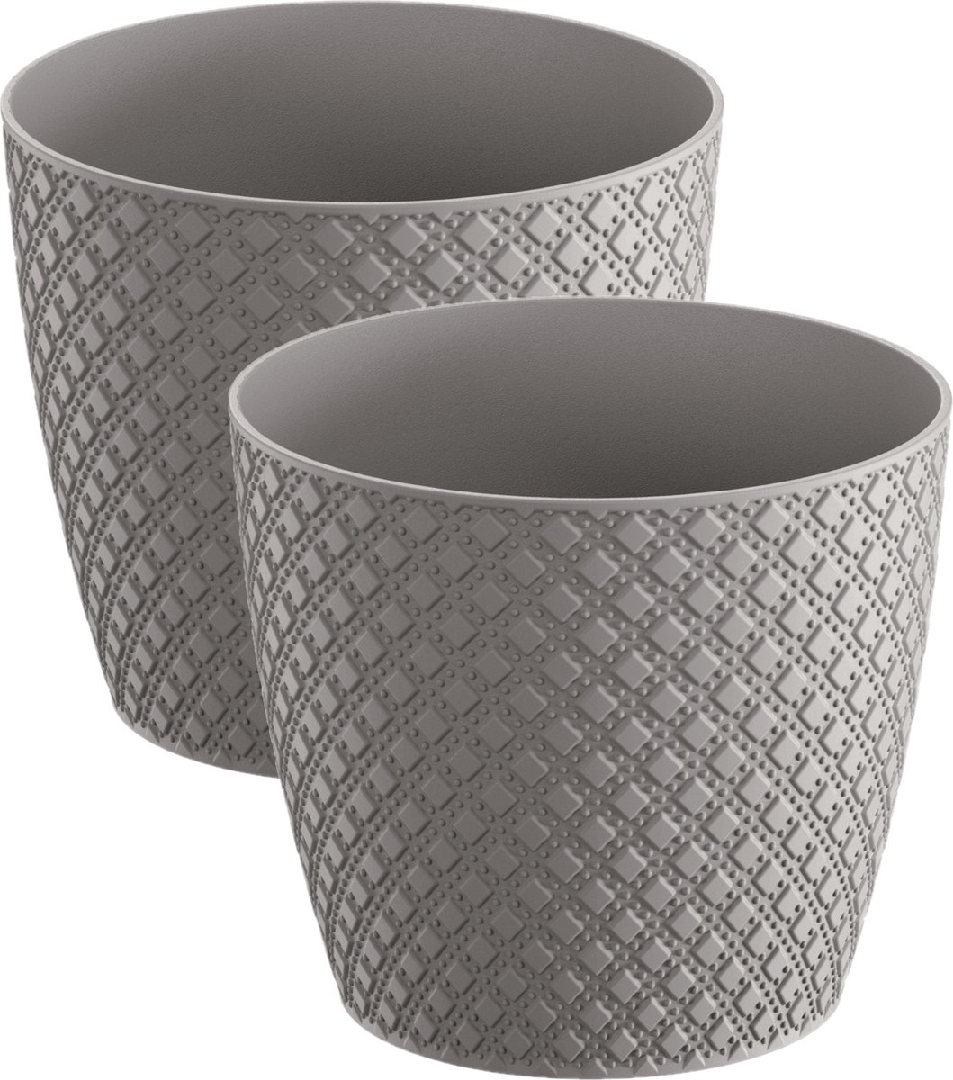 2x stuks orient stijl plantenpot/bloempot kunststof dia 13 cm en hoogte 11 cm in het steengrijs voor binnen/buiten