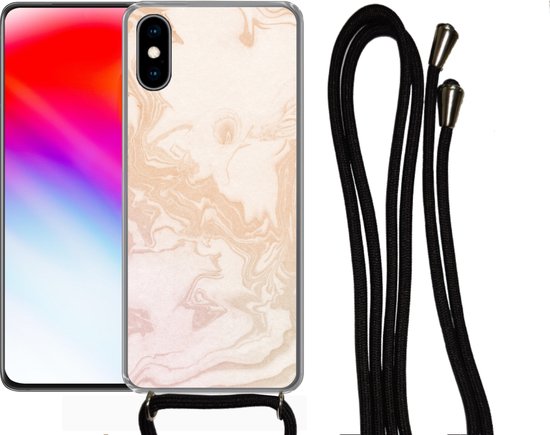 Cordon téléphonique - Chaîne téléphonique - Coque avec cordon iPhone XS - Marbre - Oranje - Wit - Siliconen - Bandoulière - Coque pour téléphone avec cordon
