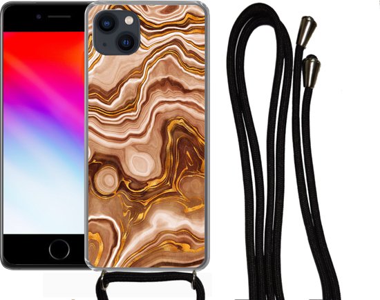 Coque avec cordon iPhone 13 - Marbre - Doré - Motifs - Siliconen - Bandoulière - Coque arrière avec cordon - Coque pour téléphone avec cordon - Coque avec corde