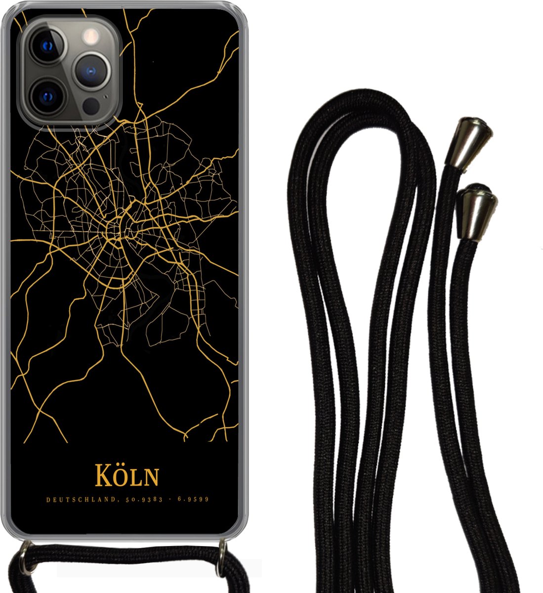 Telefoonkoord - Telefoonketting - Telefoonhoesje Geschikt voor iPhone 13 Pro Max - Köln - Kaart - Goud - Siliconen - Crossbody - Telefoonhoesje met koord Telefoonhoesje