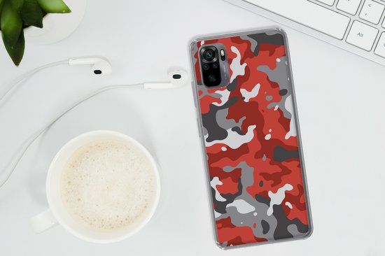 Coque Xiaomi Redmi Note 10 - Rouge avec Motif camouflage Gris - Coque de Téléphone en Siliconen