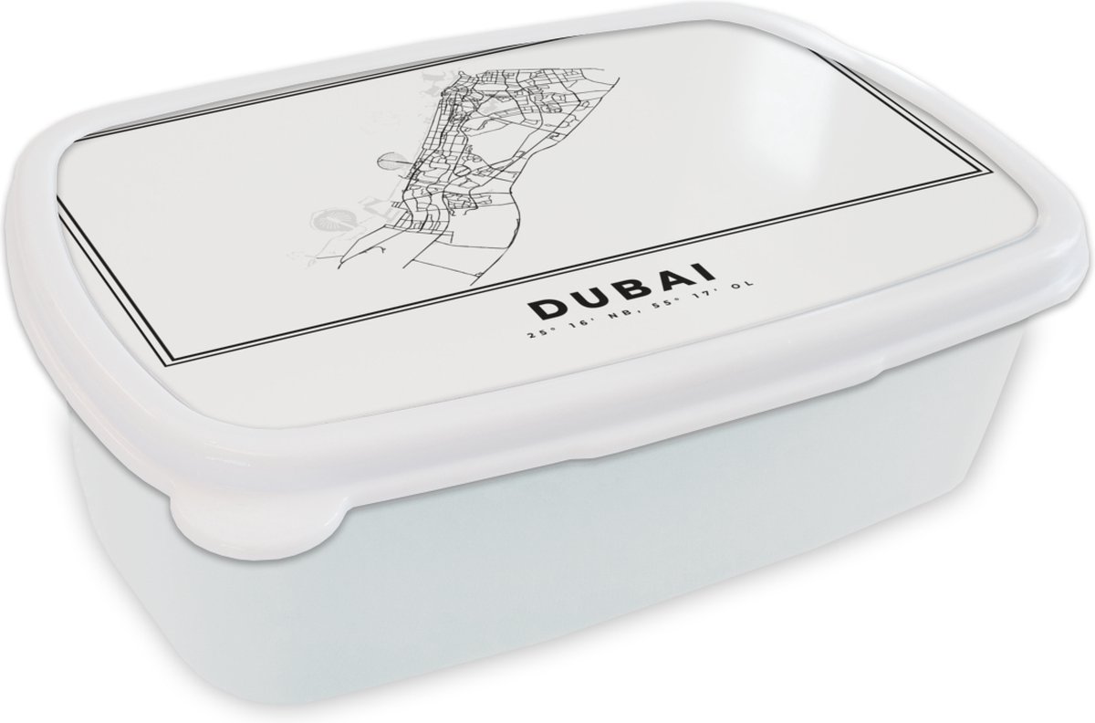 Broodtrommel Wit - Lunchbox - Brooddoos - Dubai - Stadskaart - Zwart Wit - 18x12x6 cm - Volwassenen