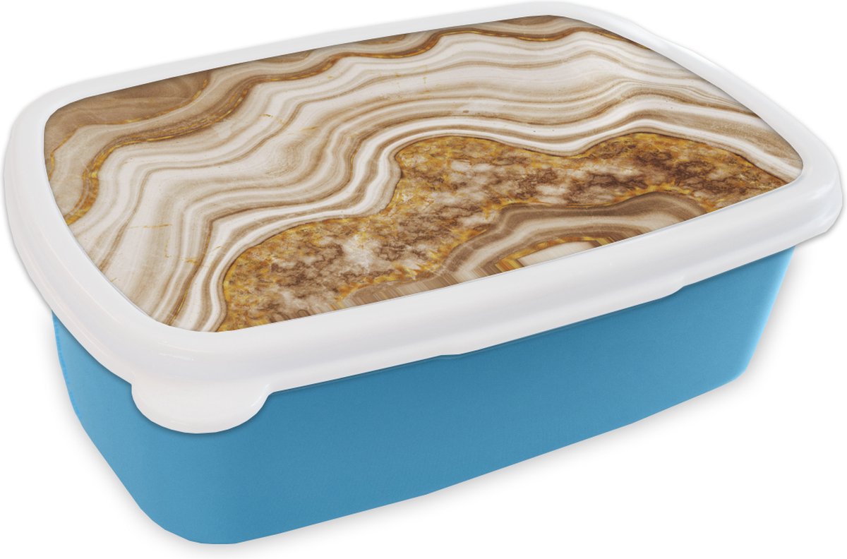 Broodtrommel Blauw - Lunchbox - Brooddoos - Marmer - Bruin - Lijn - 18x12x6 cm - Kinderen - Jongen