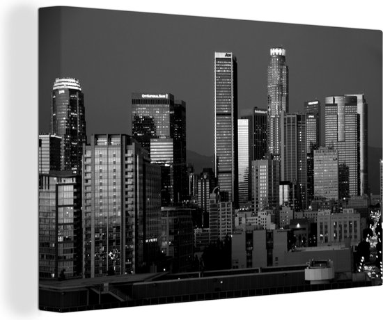 Tableau sur toile Skyline de Los Angeles le soir - noir et blanc - 30x20 cm - Décoration murale