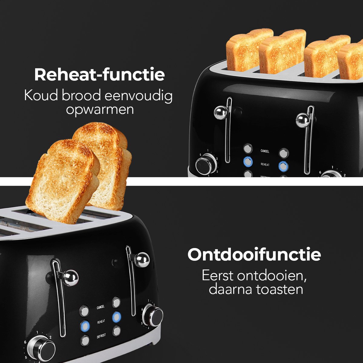 KitchenBrothers Retro Broodrooster - Toaster - 6 Warmteniveaus - 4 Sneden - 4 Extra Brede Sleuven - BPA-vrij - 1630W - Zwart thumbnail 3