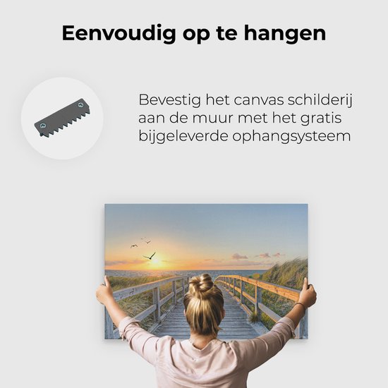 Artaza Canvas Schilderij Voetpad met Zee en Vogels - 90x60 cm - Wanddecoratie Woonkamer - Schilderijen - Muurdecoratie