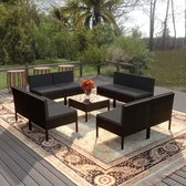 9-delige Loungeset met kussens poly rattan zwart