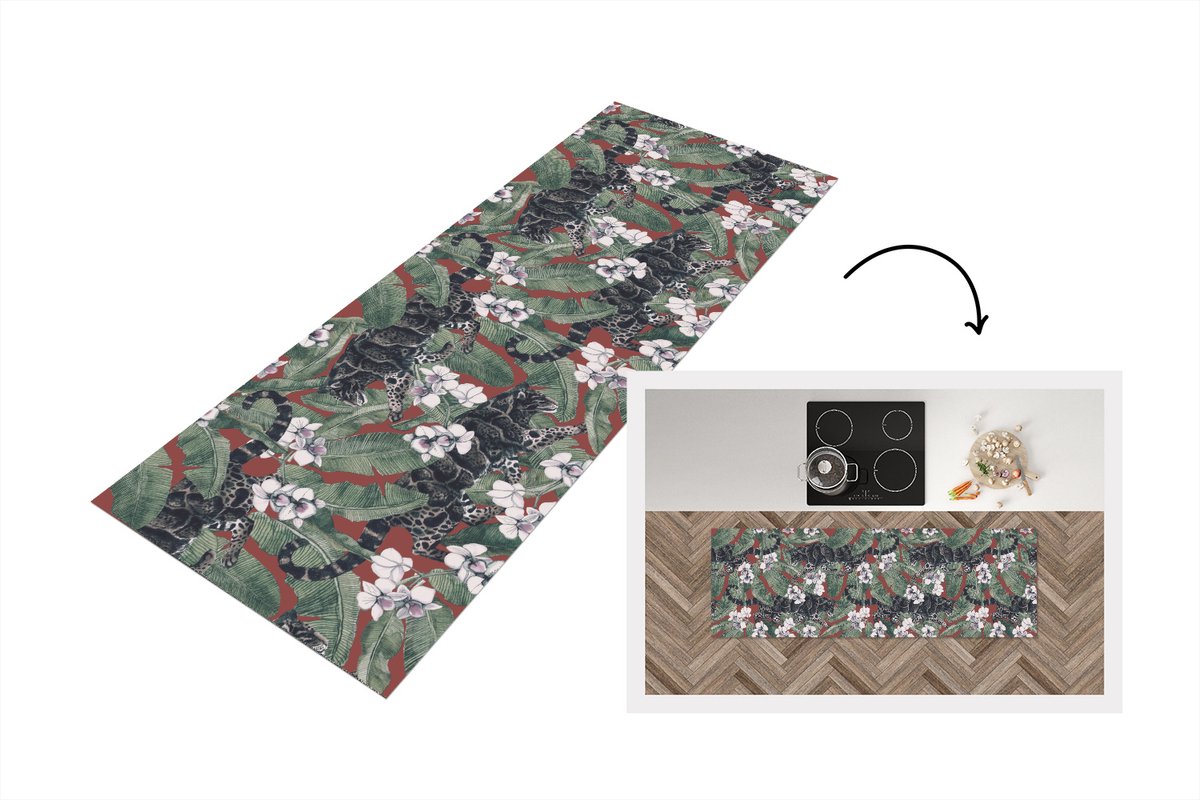 KitchenYeah Keukenloper - Loper keuken - Jungle - Bloem - Panter - Patronen - 150x50 cm - Keukenloper vinyl Multicolor