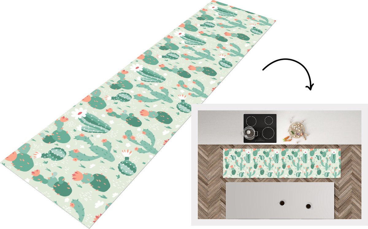 KitchenYeah Keukenloper - Loper keuken - Cactus - Patronen - Bloem - 240x60 cm - Keukenloper vinyl Multicolor