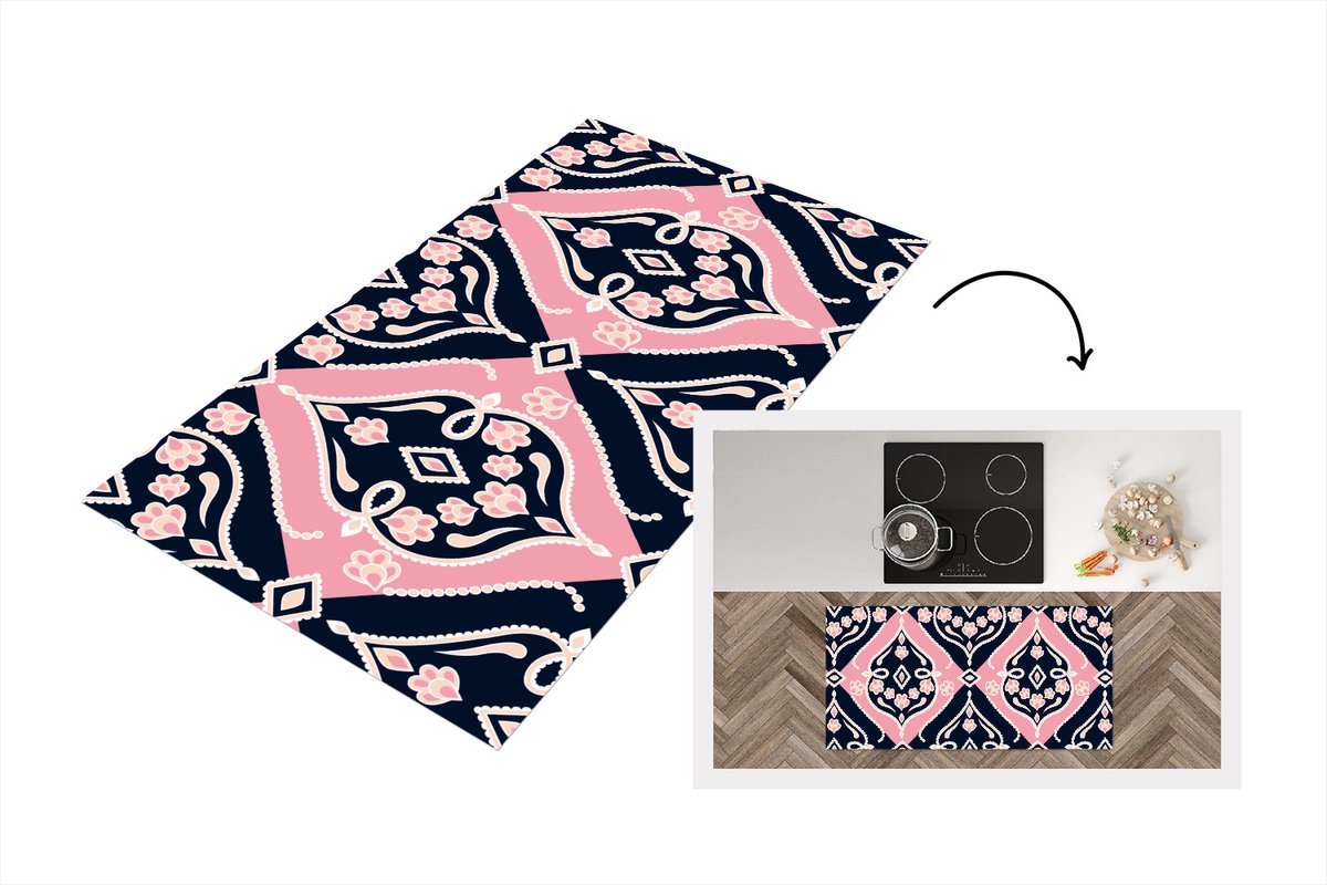 KitchenYeah Keukenloper - Loper keuken - Bloemen - Roze - Ornament - Design - 120x60 cm - Keukenloper vinyl Multicolor