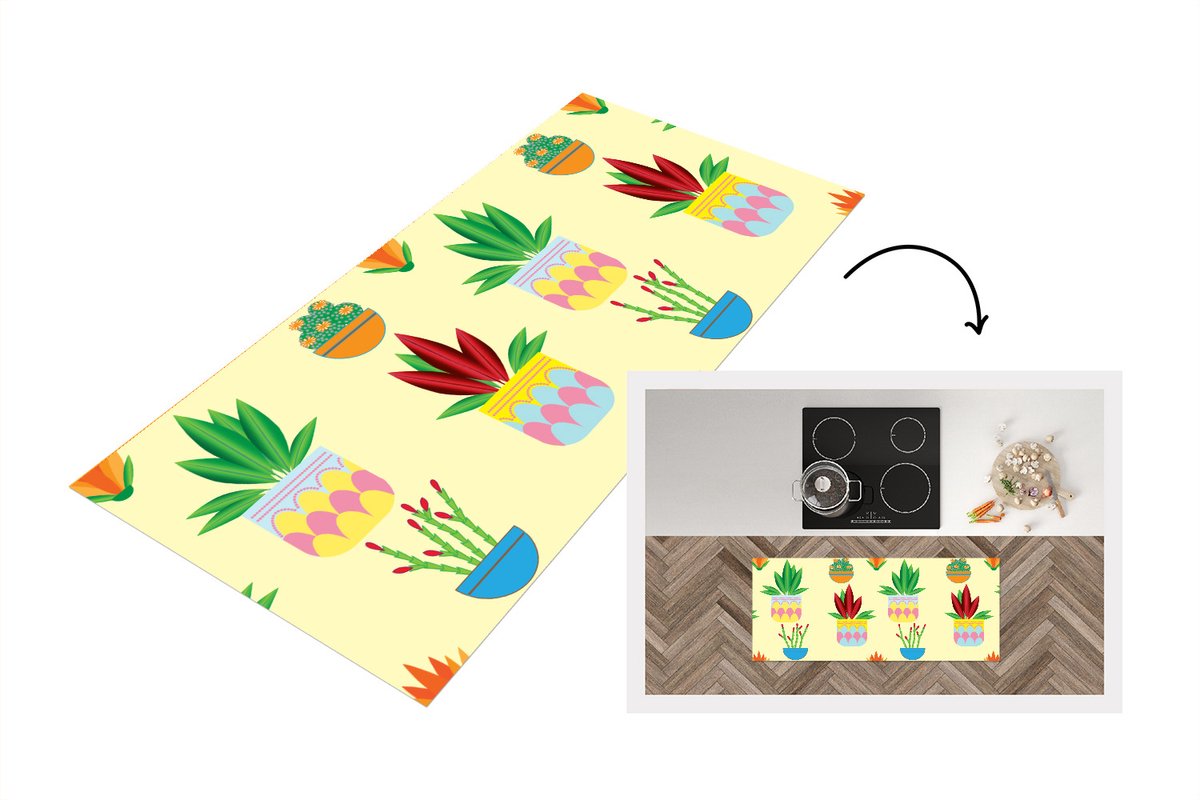 KitchenYeah Keukenloper - Loper keuken - Planten - Bloempot - Patronen - Regenboog - 120x50 cm - Keukenloper vinyl Multicolor