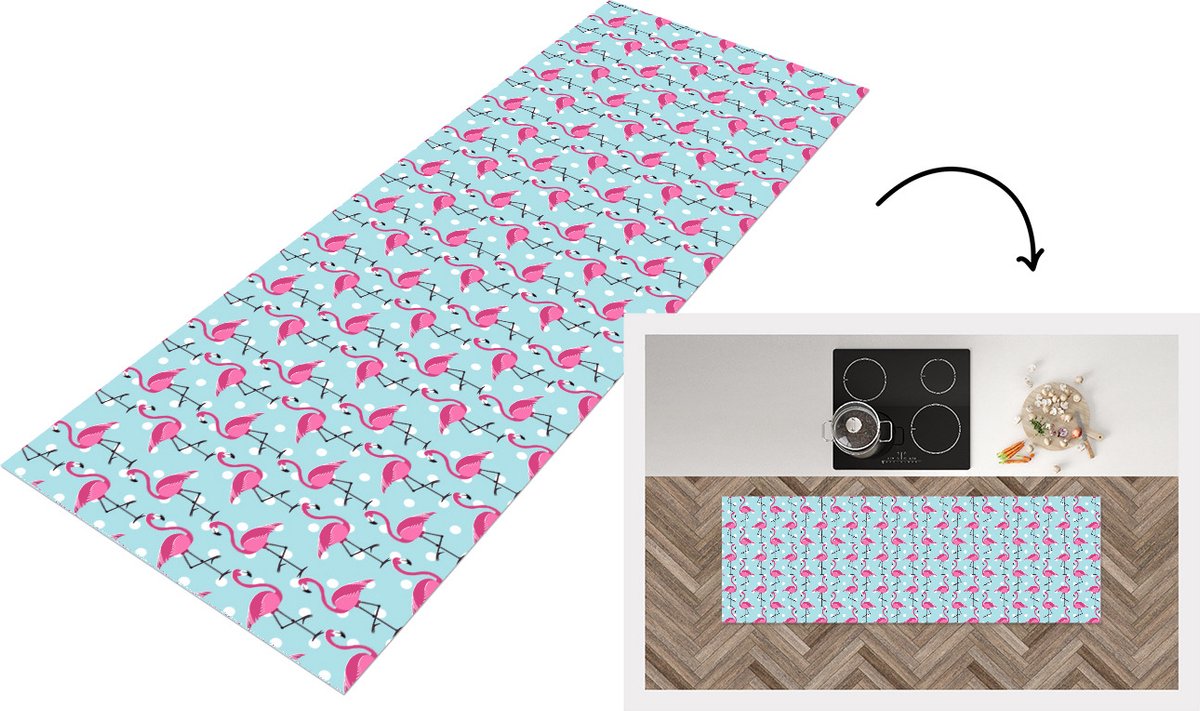KitchenYeah Keukenloper - Loper keuken - Flamingo - Stippen - Dieren - Patroon - 180x60 cm - Keukenloper vinyl Multicolor