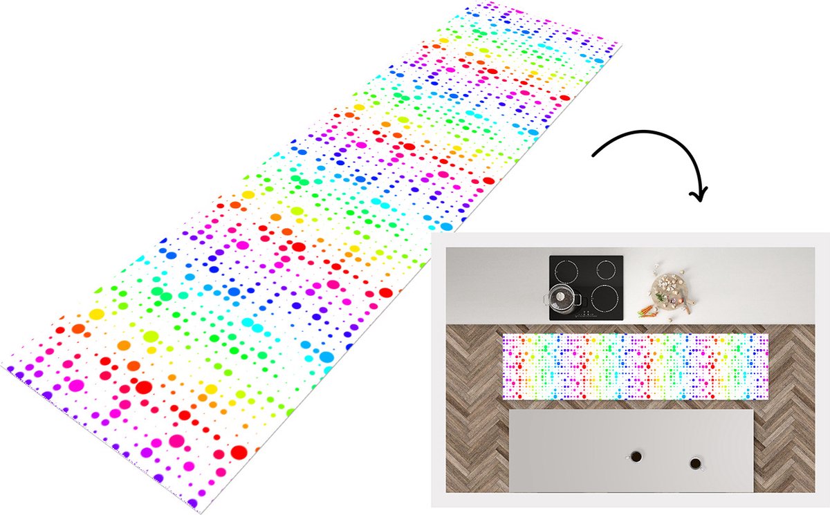 KitchenYeah Keukenloper - Loper keuken - Regenboog - Patronen - Confetti - Neon - 240x60 cm - Keukenloper vinyl Multicolor
