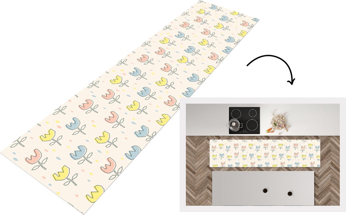 KitchenYeah Keukenloper - Loper keuken - Bloemen - Pastel - Geboorte - 200x50 cm - Keukenloper vinyl Multicolor