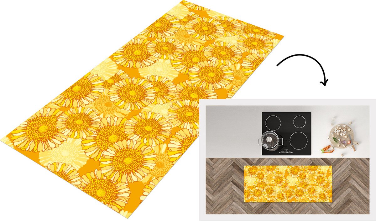 KitchenYeah Keukenloper - Loper keuken - Zonnebloem - Zomer - Patronen - Bloemen - 120x50 cm - Keukenloper vinyl Multicolor