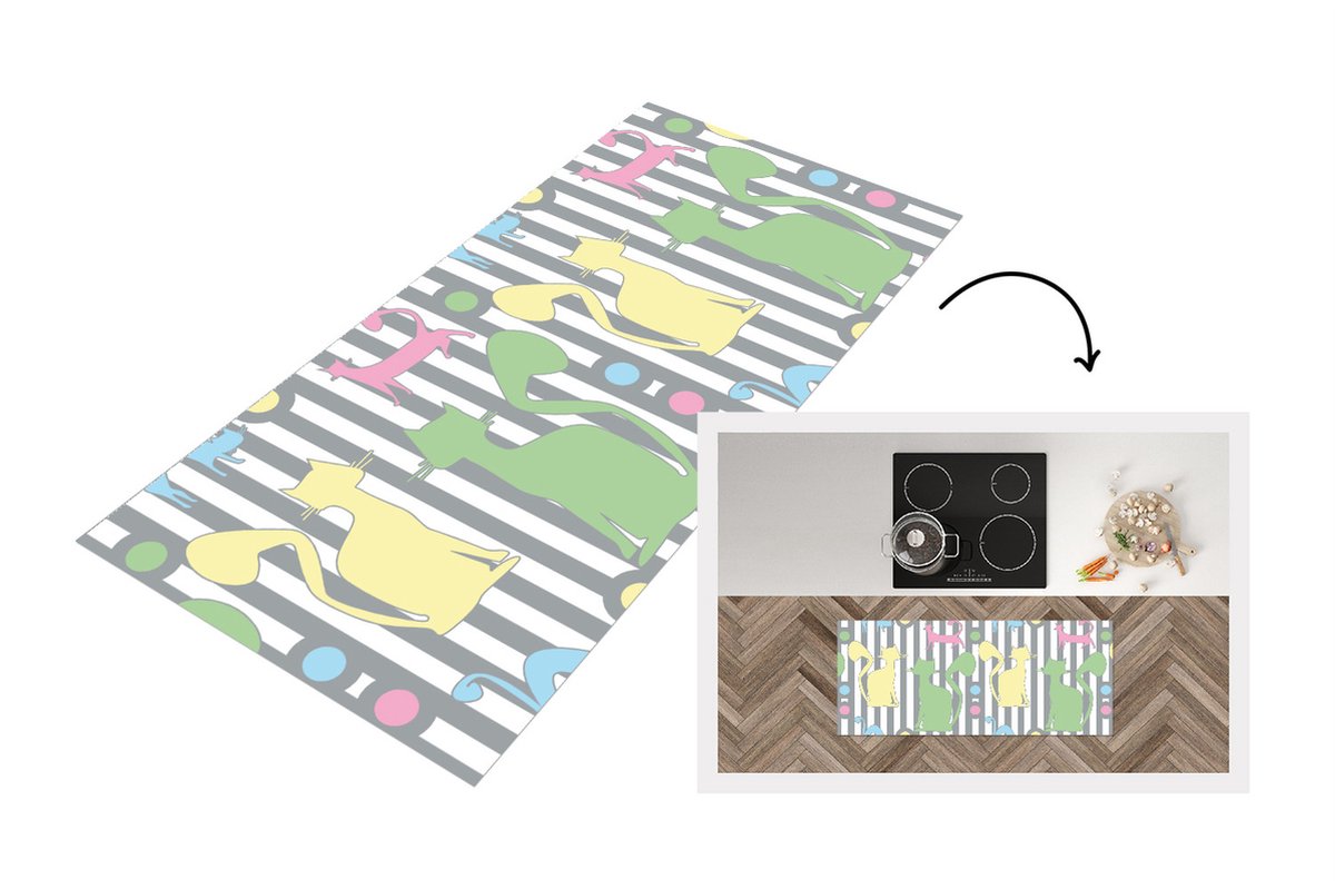 KitchenYeah Keukenloper - Loper keuken - Katten - Pastel - Dieren - 120x50 cm - Keukenloper vinyl Multicolor