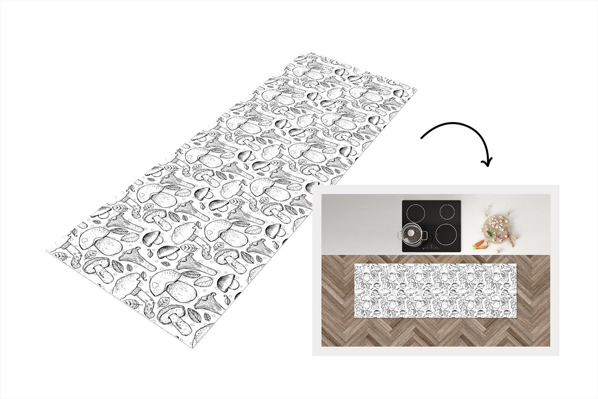 KitchenYeah Keukenloper - Loper keuken - Paddenstoel - Zwart Wit - Patronen - 180x60 cm - Keukenloper vinyl Zwart; Wit
