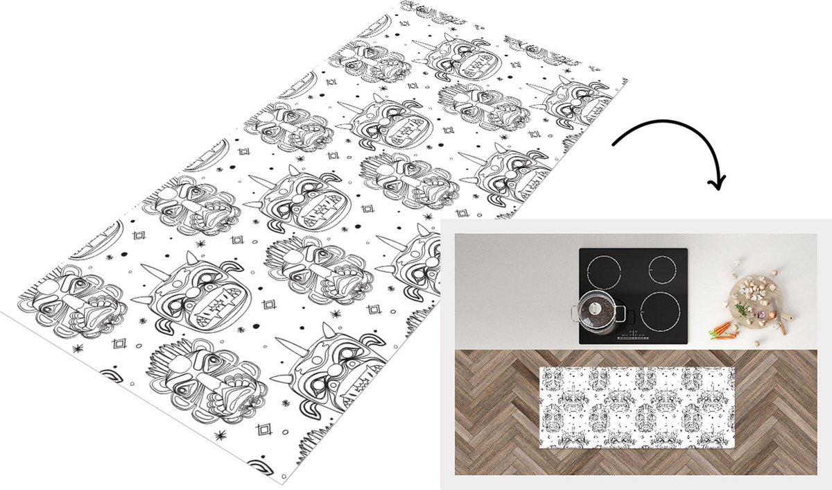 KitchenYeah Keukenloper - Loper keuken - Maskers - Inca - Patroon - Zwart-Wit - 120x50 cm - Keukenloper vinyl Zwart; Wit