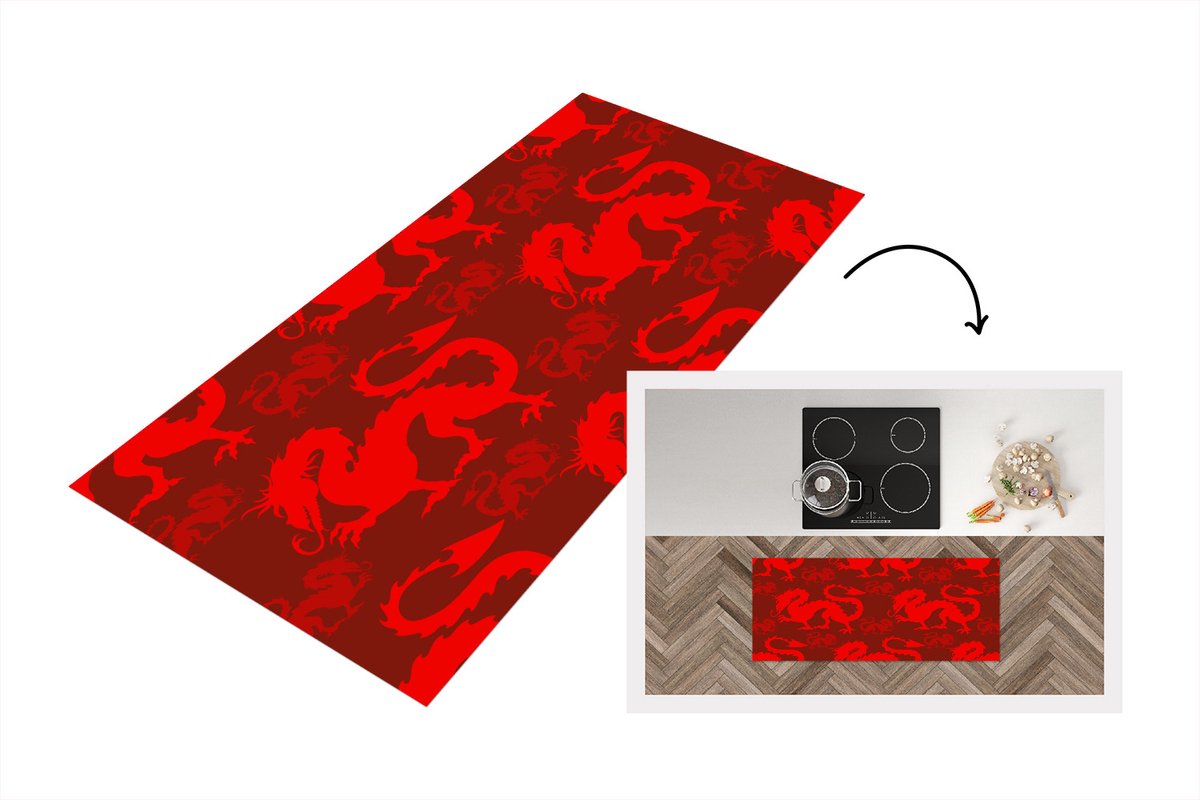 KitchenYeah Keukenloper - Loper keuken - Draak - Rood - Patronen - 120x50 cm - Keukenloper vinyl Multicolor