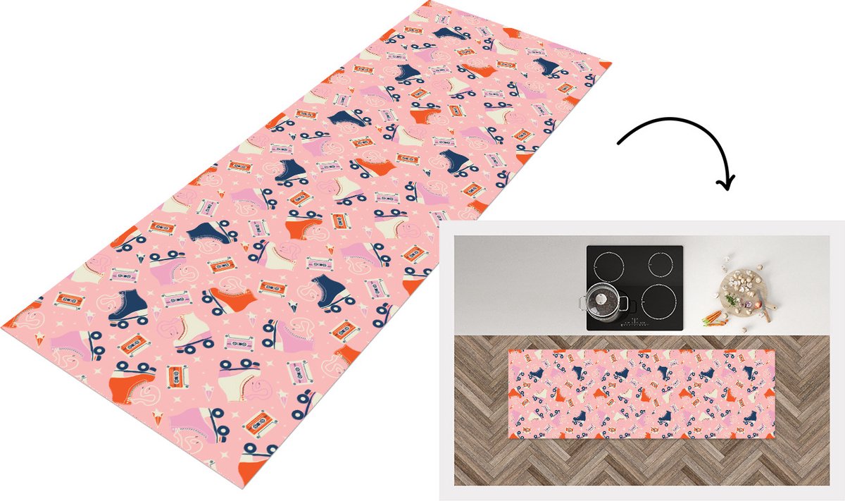 KitchenYeah Keukenloper - Loper keuken - Retro - Skeelers - Patronen - Cassette - 180x60 cm - Keukenloper vinyl Multicolor