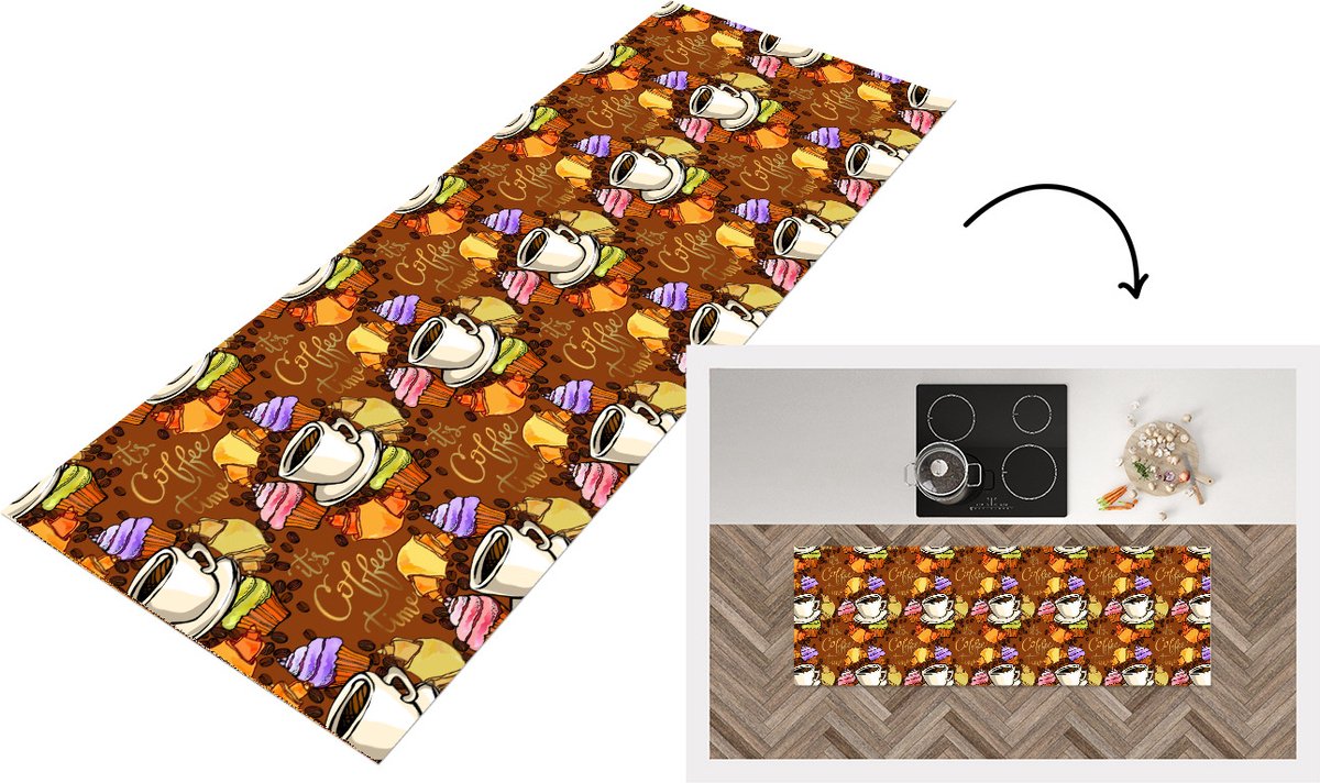 KitchenYeah Keukenloper - Loper keuken - Koffie - Croissant - Patronen - Ontbijt - 180x60 cm - Keukenloper vinyl Multicolor