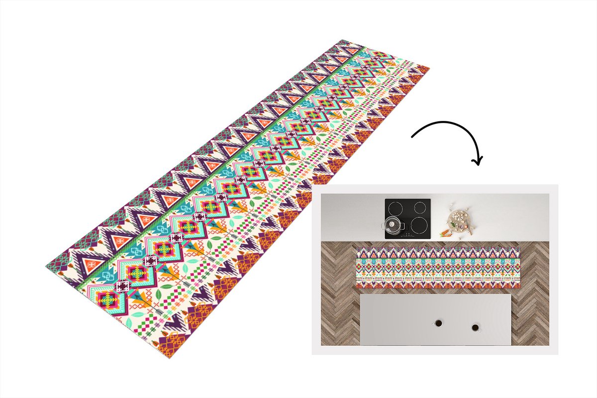 KitchenYeah Keukenloper - Loper keuken - Azteken - Zuid-Amerika - Patronen - 200x50 cm - Keukenloper vinyl Multicolor