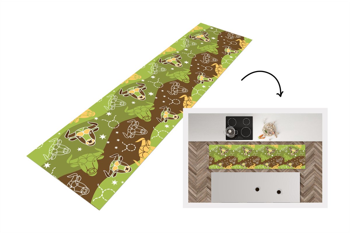 KitchenYeah Keukenloper - Loper keuken - Stier - Zodiac - Groen - Patroon - 240x60 cm - Keukenloper vinyl Multicolor