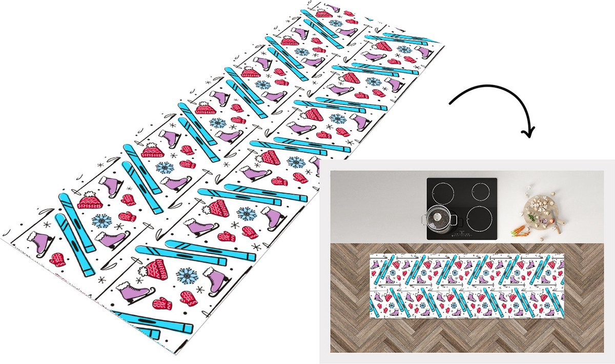 KitchenYeah Keukenloper - Loper keuken - Wintersport - Patronen - Schaatsen - 180x60 cm - Keukenloper vinyl Multicolor